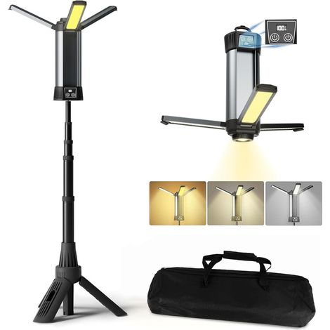 Lampe Camping avec 6000 mAh,3 Températures de Couleur à Intensité Variable Projecteur de Recherche Super Lumineux, Lampe Travail Rechargeable Sans Fil, Avec Trépied Extensible, Pour Camping, Voyage (1/5)