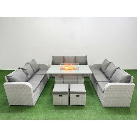 Fimous PE Rattan Lounge Sofa Set 11 Seater Outdoor Garden Furniture Set with Firepit Dining Table 3 Seater Sofa 2 Stools Light Grey (1/4)