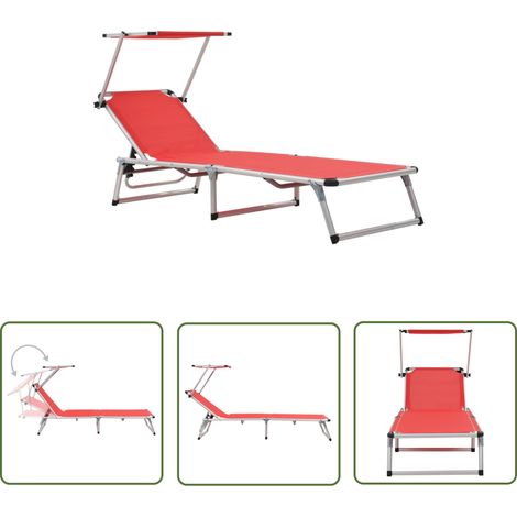 The Living Store Chaise longue pliable avec toit aluminium et textilène rouge - Chaise Longue - Transat - Mobilier De Jardin - Relaxer - Jardin (1/5)