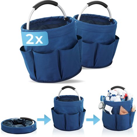 Wenko – Lot de 2 paniers de rangement pliables 28cm diamètre – 54cm hauteur – Polyester bleu – Poignées rembourrées pour transport facile