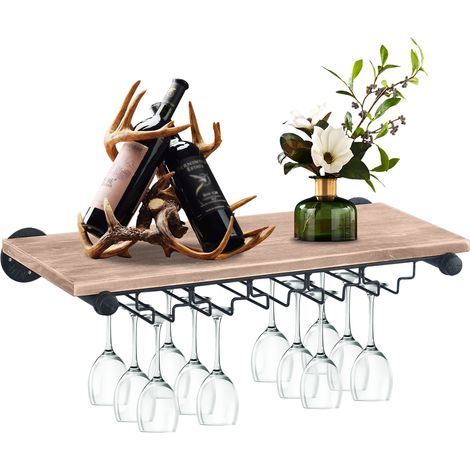 Porte-verres mural de style industriel, Étagère en bois, Noir, Porte-verres en métal, Multi fonctionnel,Pour la maison, le dîner, la salle de cuisine, 61x25 cm (1/5)