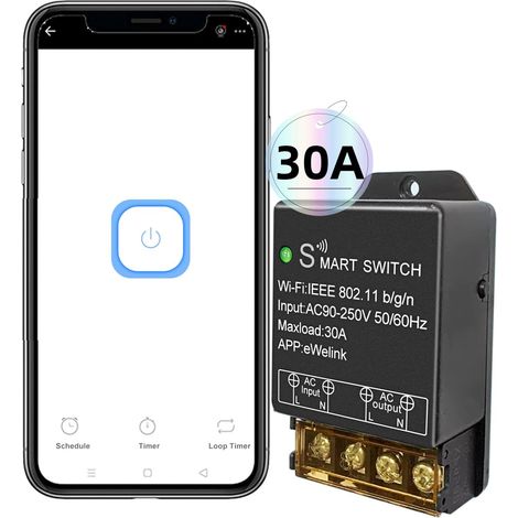 Interruttore WiFi intelligente 30A ad alta potenza Modulo fai da te wireless Interruttore intelligente compatibile con Alexa, Google Assistant, APP Ewelink