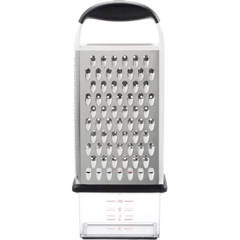 Grattugia a 4 lati, argento/nero, 8,26 x 12,57 x 30,86 cm, superficie di grattugia in acciaio inox, manico antiscivolo, protezione per la lama per riporla. (1/5)