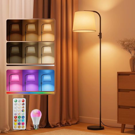 Lampadaire Arc LED Salon, Abat-Jour en Lin Orientable 350° Télécommande magnétique, inclinaison 90°, 1600 K ambre/4000 K blanc naturel, 0,1 %-100 %, 10 W, 1200 lm, lin tissé (1/5)