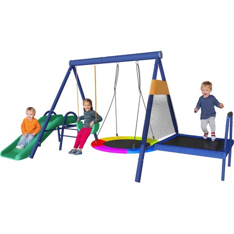 Ensemble de jeu extérieur multifonction – balançoire nid rond, toboggan, trampoline et balançoire plastique, robuste et sécurisé, idéal pour l’aire de jeux enfant.