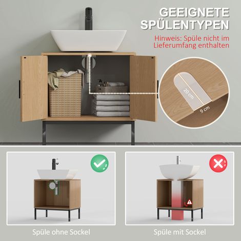 Meuble vasque bohème salle de bain, armoire avec portes en rotin, découpe en U, finition chêne, rangement moderne (1/4)