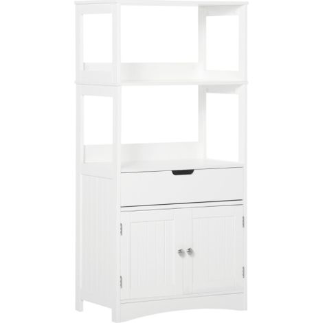 White Free Standing Bathroom Floor Cabinet, Kitchen Cupboard with Shelves and Drawer, Versatile Storage Organizer for Living Room and More
