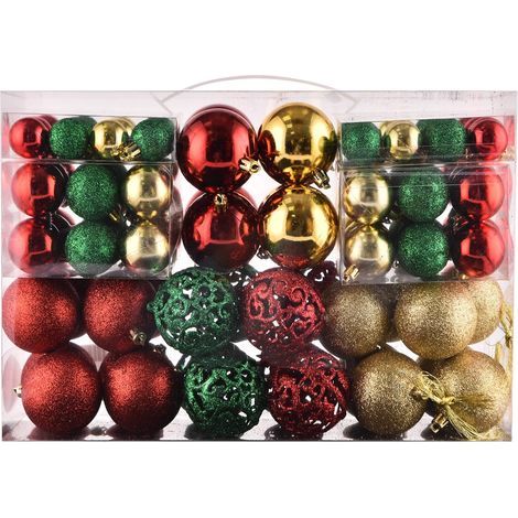Set aus unzerbrechlichen Weihnachtsdekorationen mit wiederverwendbarem Geschenkverpackungsgriff, geeignet zum Schmücken von Weihnachtsbäumen in Innenräumen (100 Stück, Gold, Rot, Grün). (1/5)