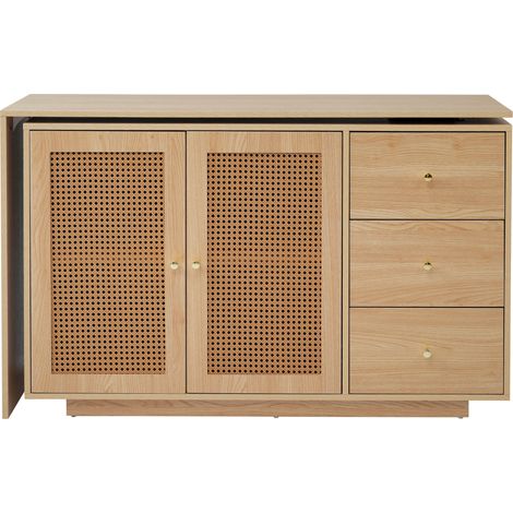 Escritorio esquinero en L con puertas efecto ratán, MDF, natural, 126 cm (1/5)