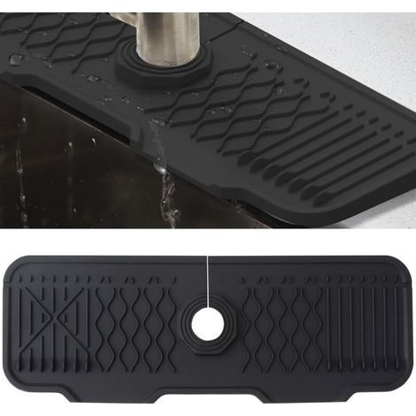 (Noir, 43 cm) Tapis de Robinet Silicone, Protection Anti-Éclaboussures pour Robinet d'Évier, Plateau Anti-Gouttes pour Poignée Robinets, Tapis d'Évier pour Comptoir de Cuisine et de Salle de Bain (1/5)