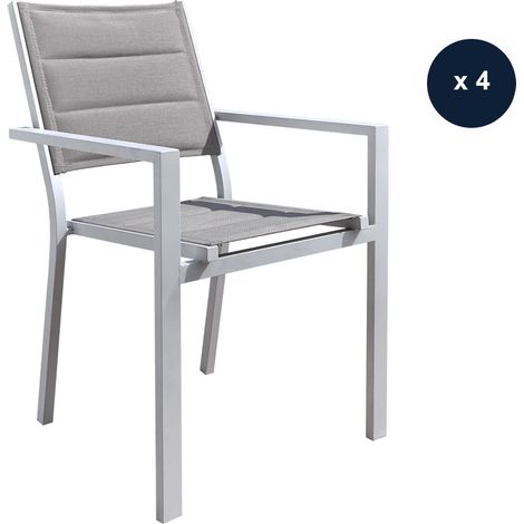 Lot de 4 Fauteuils de jardin en aluminium et textilène matelassé gris, empilable, Ibiza Perle - Jardiline (1/2)