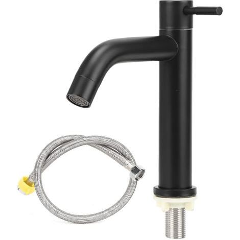 Robinet de Salle de Bain, Robinet d'eau Froide en Acier Inoxydable avec Levier Simple avec Tuyau pour Évier de Lavabo Toilettes Hôtel (Noir) (1/5)
