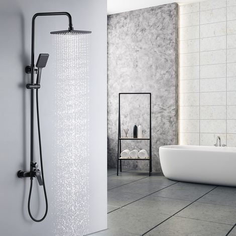 Auralum Colonne de douche Noir Ensemble de douche avec 26x19cm douche de tête Douchette à main Carré, Colonne Douche en Laiton, Haute Réglable 90-120 cm pour Salle de Bain