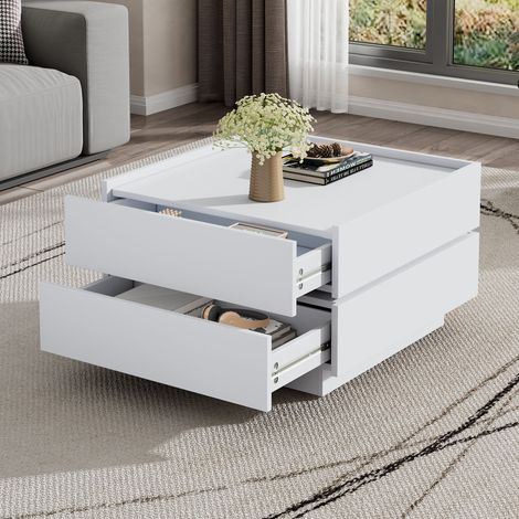 Table basse blanche 60x60x38 cm pivotante 360°,2 étagères et rangement. Design épuré pour le salon. (1/5)