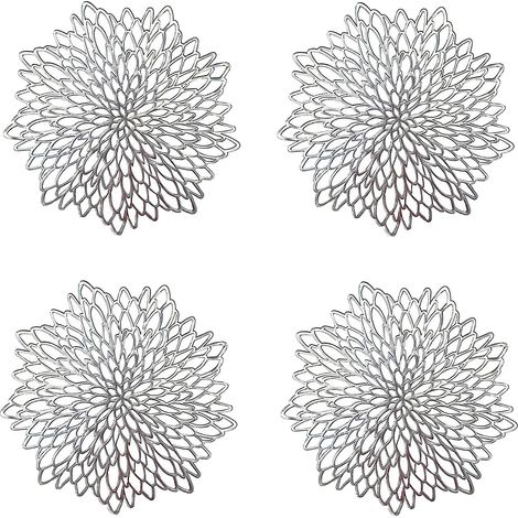 4 tovagliette in argento, tovagliette rotonde traforate, tovagliette rotonde in plastica, utilizzate per l'isolamento termico delle piastre e la decorazione della tavola (argento) (1/5)