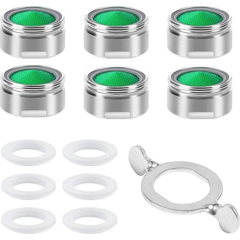 6 Pièces Mousseur Robinet M24, Acier Inoxydable Aérateur de robinet avec filtre en ABS + 8joints et 1 Clé, Embout Brise Jet Robinet Cuisine et Salle de Bain Matériel - Argent (1/5)