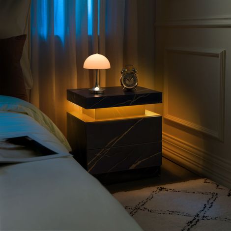 Lot de 2 tables de chevet LED, meuble de chevet moderne avec éclairage, 2 tiroirs pour chambre (noir et doré) (1/5)