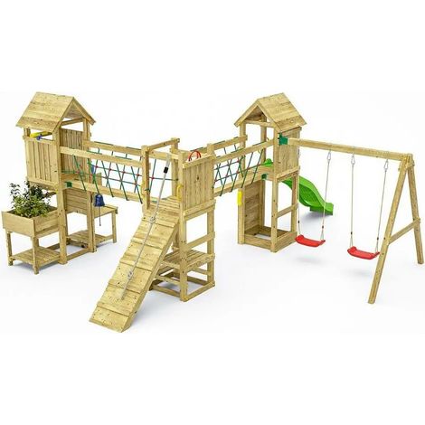 Parco giochi in legno Fungoo Optimizer con scivolo, altalene, arrampicata e cucina per bambini