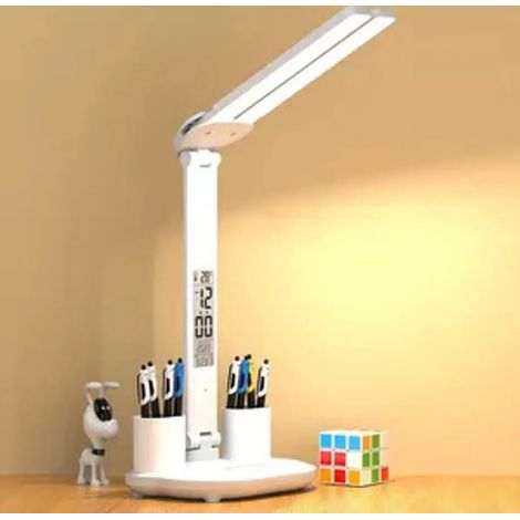 Lampe de bureau LED avec alarme et thermomètre porte stylo USB pour étude et travail éclairage réglable (1/4)