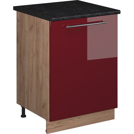 Mobiletto base cucina Fame-Line, Bordeaux lucido/Rovere dorato, 60 cm 1 anta con piano di lavoro, Vicco (1/5)