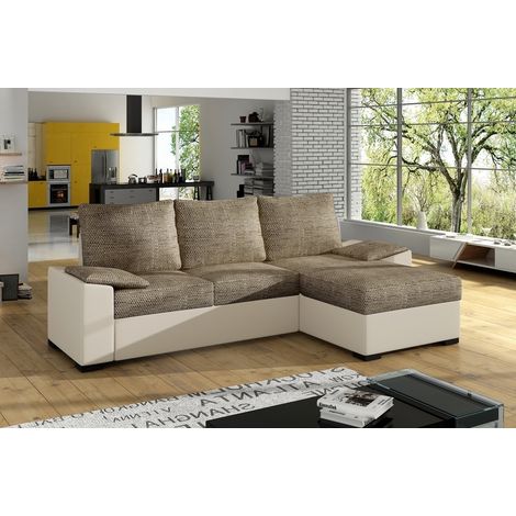 Canapé d'angle convertible - en tissu marron et simili beige, angle droit (vu de face) - LUCAS (1/5)