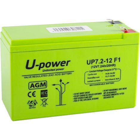 Master U-Power - Batteria al piombo AGM, 7,2 Ah, 12 V, Faston F1 4,8 mm, UP, MU-UP7.2-12F1
