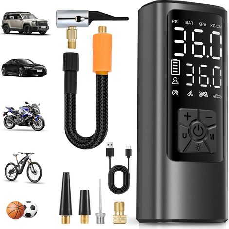 Gonfleur Pneus Voiture, Compresseur à Air Portatif sans Fil, 150 PSI (10,3 Bar), Gonfleur Electrique, Pompe a Velo, Inflation Rapide, Arrêt Automatique, LED, pour Voiture, Moto, Vélo, Ballon (1/3)