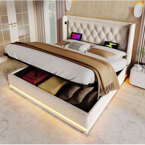 MEUBLIV Lit coffre double 160 200 cm beige en coton avec tête de lit capitonnée ports USB type C éclairage LED 3 faces cadre en acier (1/5)