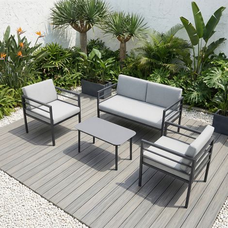 RHODES GARDEN SOFA SET 4 SEATER OUTDOOR GARDEN FURNITURE SET with GLASS TABLE (Grey) (1/5)