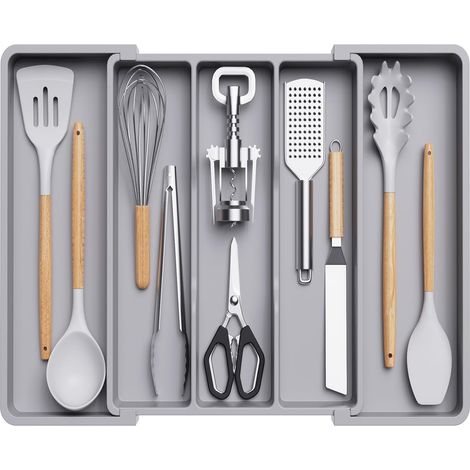 Großer, grauer, ausziehbarer Küchenschubladen-Besteckkasten mit Schaberablage (1/4)