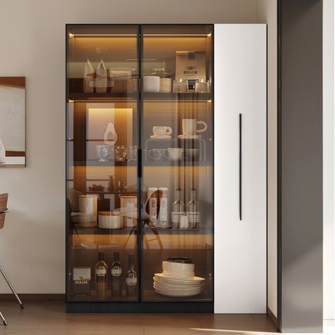 Vitrine en verre avec LED, tiroir latéral coulissant, 110,5x35x160 cm, noir et blanc, pour salon, entrée et bureau (1/5)