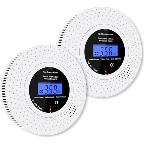 Détecteur de Fumée et Monoxyde Carbone combiné avec Affichage LCD, Alarmes Pile AA remplaçable Incluse, Alarme pour CO Bouton Test/Silence, Lot 2 - (1/5)