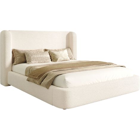 Lit coffre Lit adulte Lit double 160x200 cm avec rangement hydraulique intégré et tête de lit capitonnée - Tissu bouclé - beige (1/5)