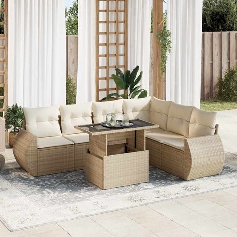Set sofás de jardín 7 piezas y cojines ratán sintético beige (1/5)