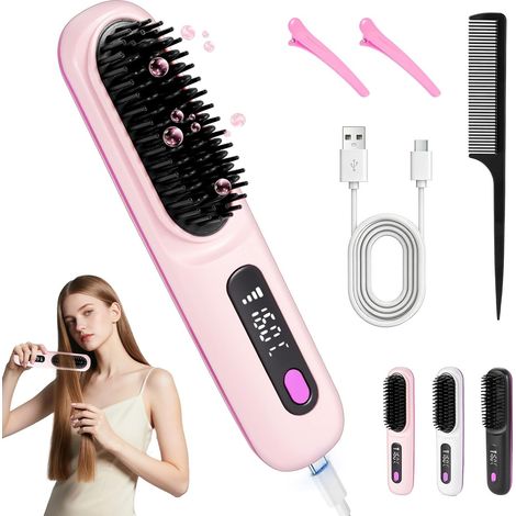 Ceramic Heating Brush, Short Hair Styling Brush, Mini Heated Anti-Burning Smoothing Brush, Short Hair Heating Brush with LCD Display + 3 Temperature Settings (Pink) (1/5)