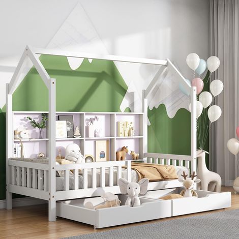 Lit cabane, lit enfant avec bibliothèque multifonctionnelle, armoire de rangement grillagée, étagère et deux grands tiroirs avec espace de rangement et forme de cheminée, 90x200 Blanc, garantie 2 ans