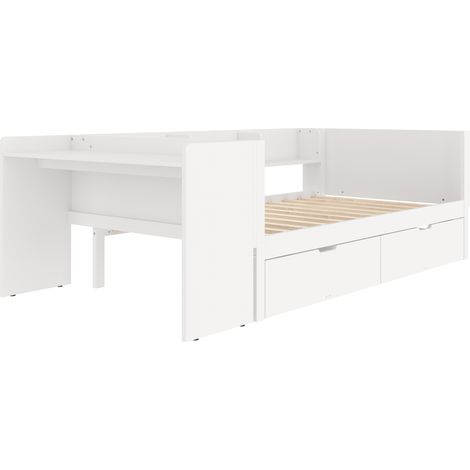 Cama 90x200 cm con escritorio integrado, 2 cajones y estantes, pino y aglomerado, blanco (1/5)