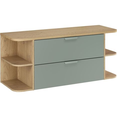 Insieme OSTER 120cm: mobile sottolavabo con cassetti verde salvia e nicchie visibili arrotondate + piano per lavabo effetto rovere chiaro