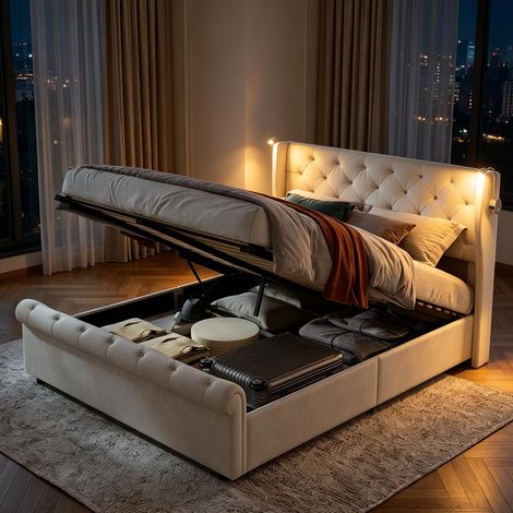 Letto matrimoniale 140 x 190 cm – Letto contenitore – Porte USB ed elettriche – Illuminazione a LED – Rete a doghe – Velluto beige (1/5)