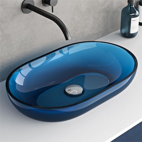 doporro Lavabo da Appoggio Ovale Profondo 54x34x10,5 cm in Resina Trasparente Blu per Bagno (1/5)