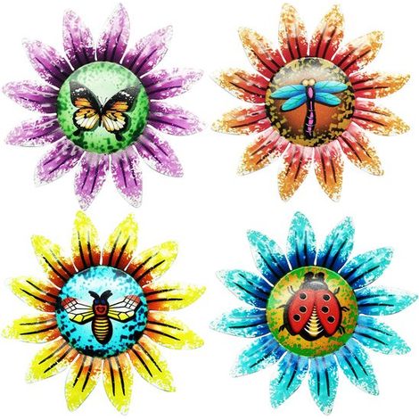 4 piezas de adornos metálicos de girasoles para jardín, esculturas decorativas de pared 3D coloridas con diseño de libélula y mariquita (1/5)