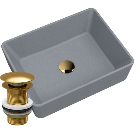 Lavabo en granit à poser Merano gris avec bonde clic-clac dorée (1/5)