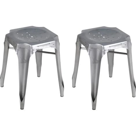 Lot de 2 tabourets vintage empilables en métal gris argenté - METALICA (1/5)