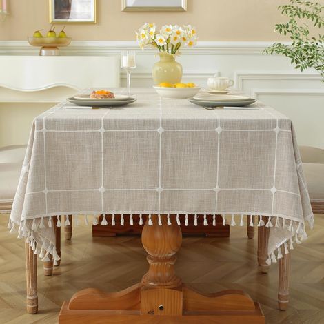 Tovaglia marrone, 90x140 cm, con frange, in finto lino e cotone, lavabile, stile moderno e minimalista. (1/5)