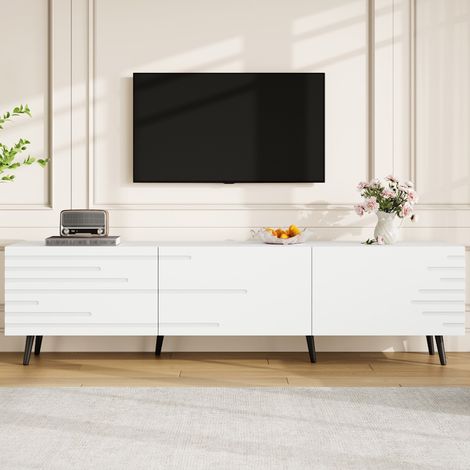 Meuble TV 180x40x48 cm pour TV 80 pouces 3 portes abattantes motif 3D grand rangement MDF salon moderne design chic déco blanc