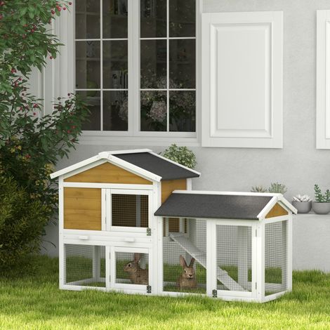 Maison à lapins 2 étages jaune 147x54x84cm, toit bitumé, enclos, rampe et portes de fermeture (1/5)