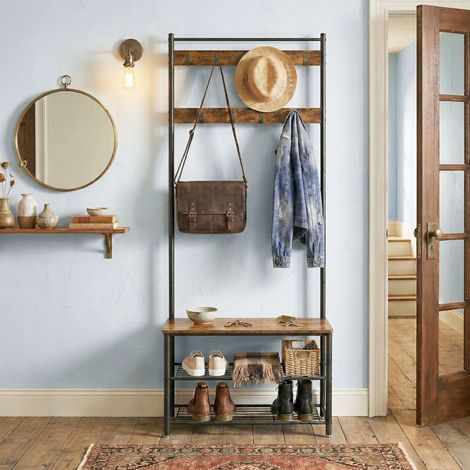 Portemanteau, 32 x 70 x 175 cm, Vestiaire avec Banc de Rangement pour Chaussures, Style Industriel, Marron et Noir (1/5)