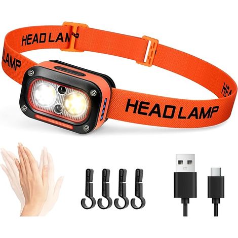 DARKBEAM Lampe Frontale LED Ultra Puissante Rechargeable, Torche Frontales Lumière Blanche, Jaune, Rouge pour Casque de Chantier avec Détecteur de Mouvement, étanche pour Camping, Randonnée, Travail (1/5)