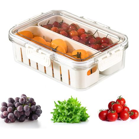 Lntyq Snackbox mit Deckel, Snackteller mit 2 herausnehmbaren Fächern, transparente Kühlschrank-Aufbewahrungsbox mit Deckel für Obst und Gemüse (1/4)