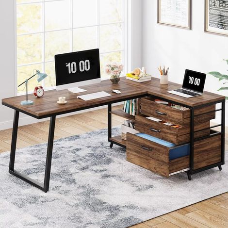 Bureau d’angle 53 pouces style industriel – bureau en L avec rangement 3 tiroirs – meuble pour petit espace